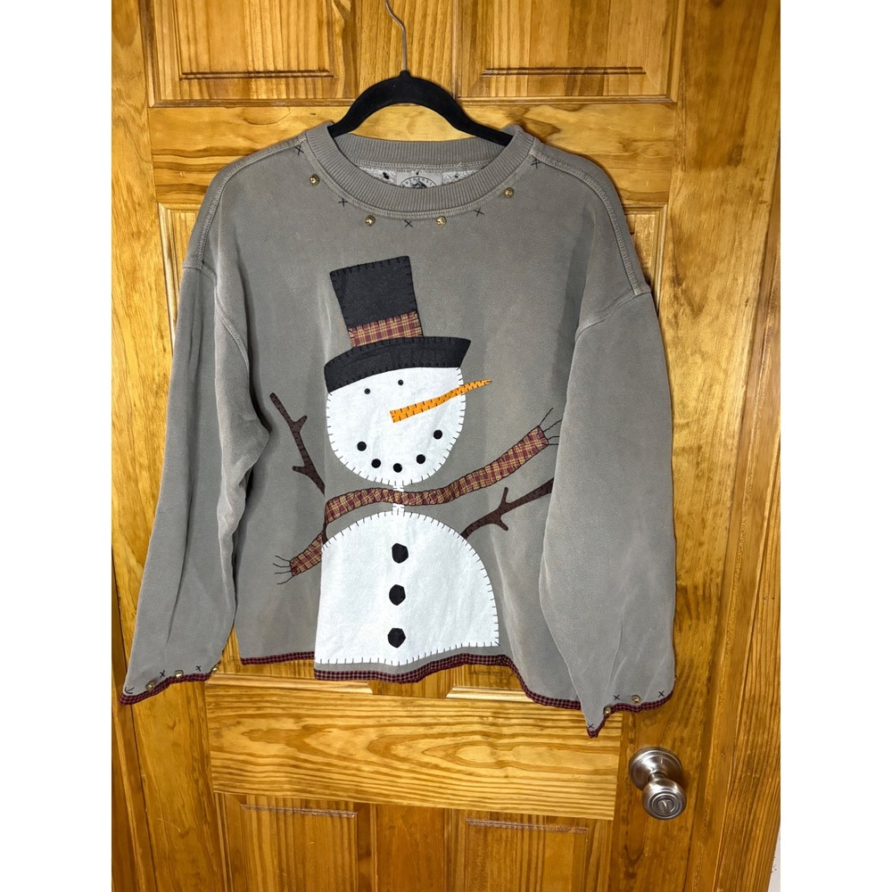 Authentic Pigment Snowman Christmas Sweater Sweatshirt Gray Plaid Bells M